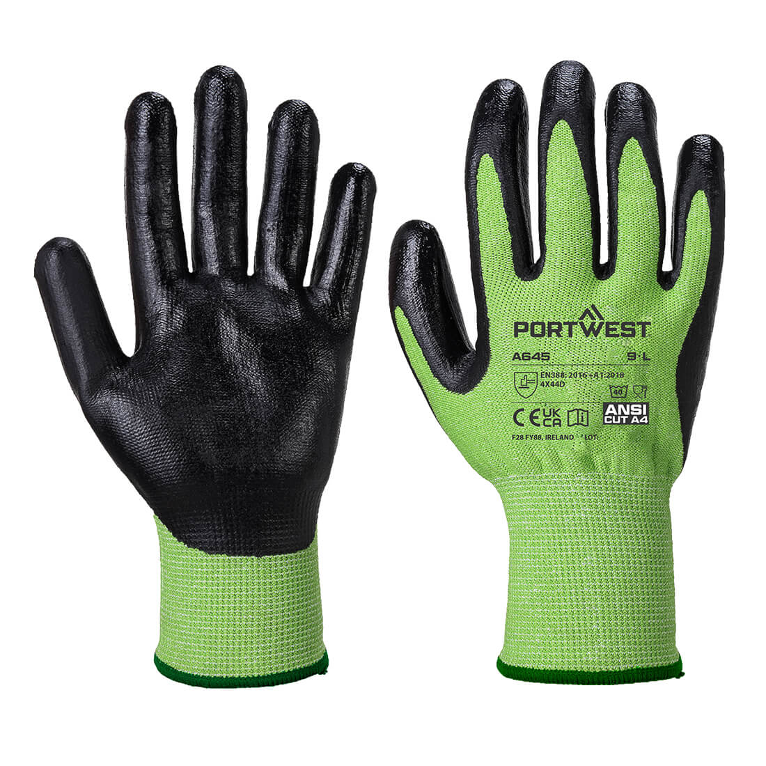 Green and black Portwest A645 Dexti-Cut Nitrile Micro-Foam Glove, level F.