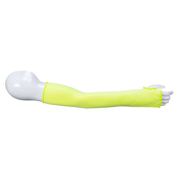 A yellow Portwest 22-inch cut-resistant sleeve, model A691YER.