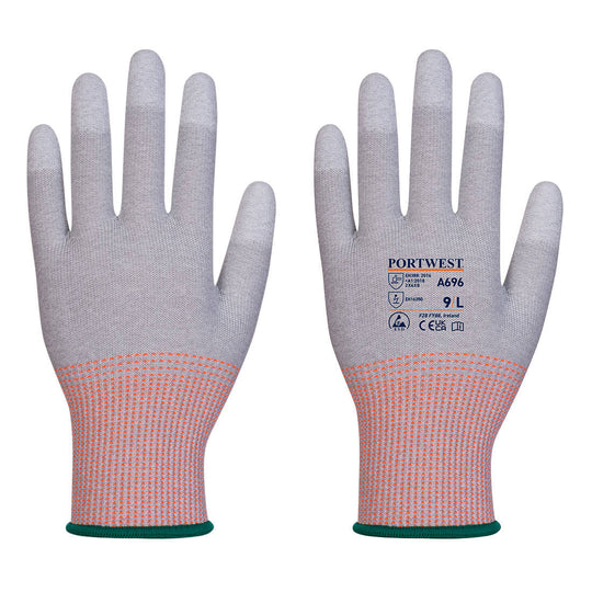 Grey Portwest A696 Recycled PET Glove with PU coating, eco-friendly.