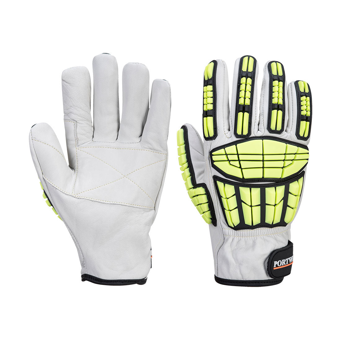 A pair of grey and green Portwest A745 Impact Pro Cut gloves.
