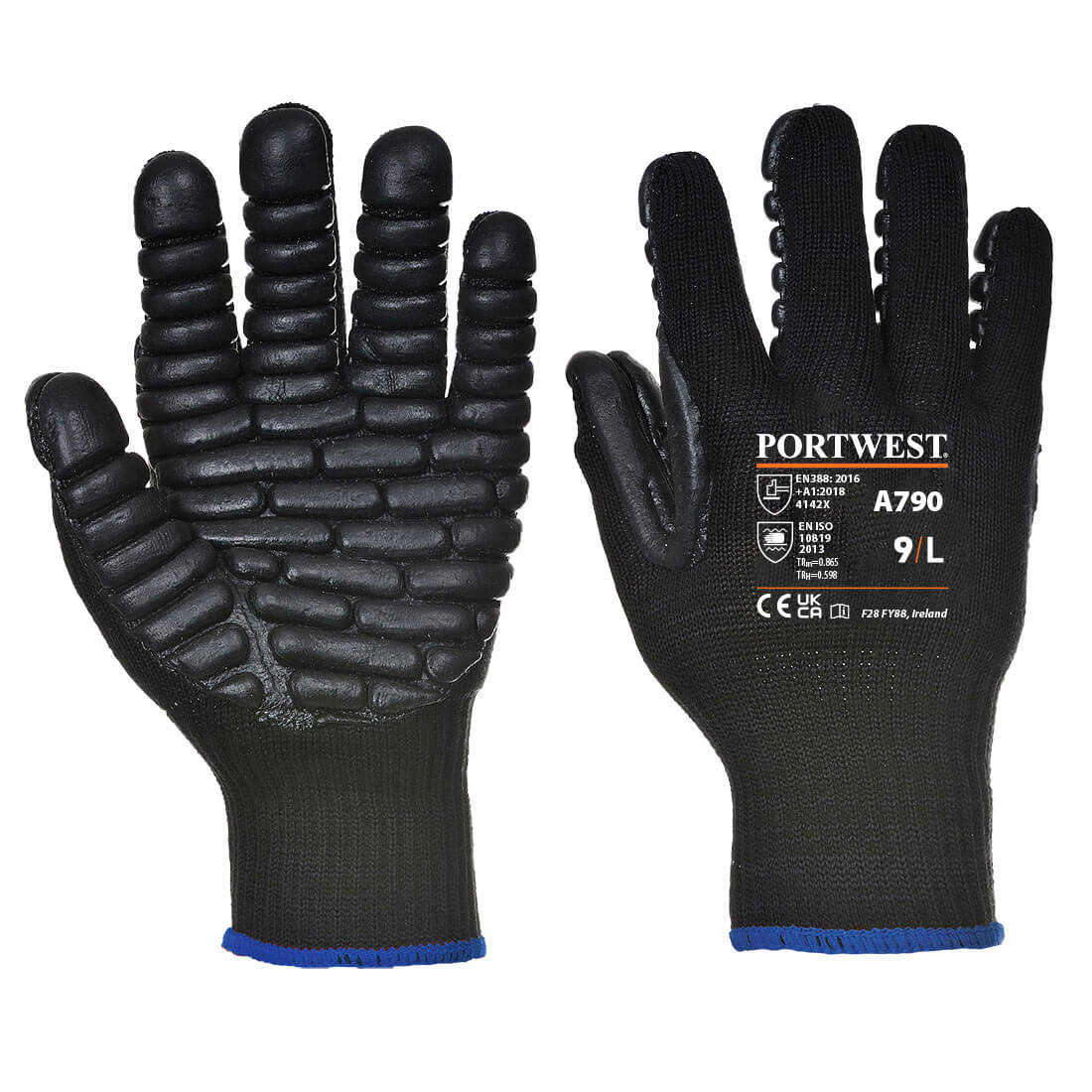 Close-up of the Portwest Anti-Vibration Glove A790 in black.