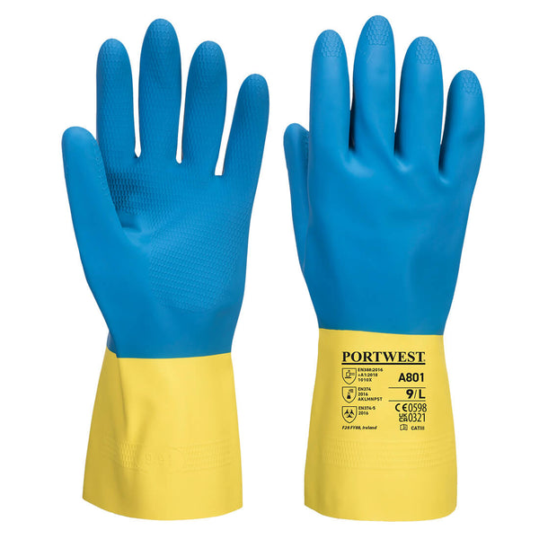 A pair of yellow and blue Portwest double-dipped latex gauntlets.