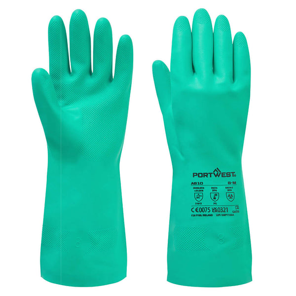 A pair of green Portwest Nitrosafe chemical gauntlet gloves.