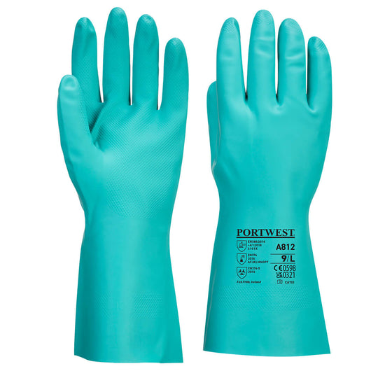 A pair of green Portwest Nitrosafe Plus chemical gauntlet gloves.