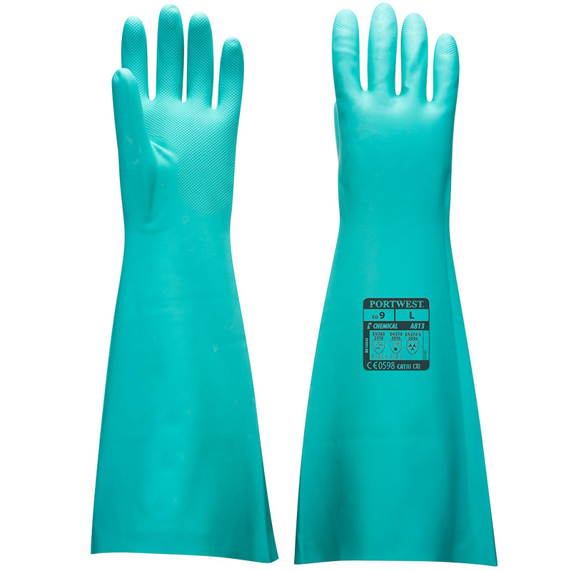 A pair of green, extended-length Portwest nitrile gauntlet gloves.