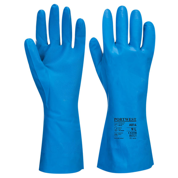 A pair of blue Portwest food-approved nitrile gauntlet gloves.