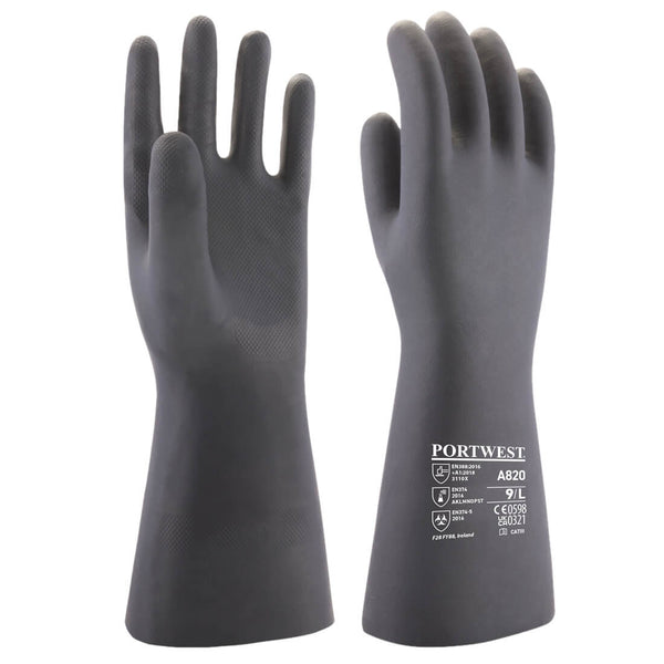 A pair of black Portwest neoprene chemical gauntlet gloves.