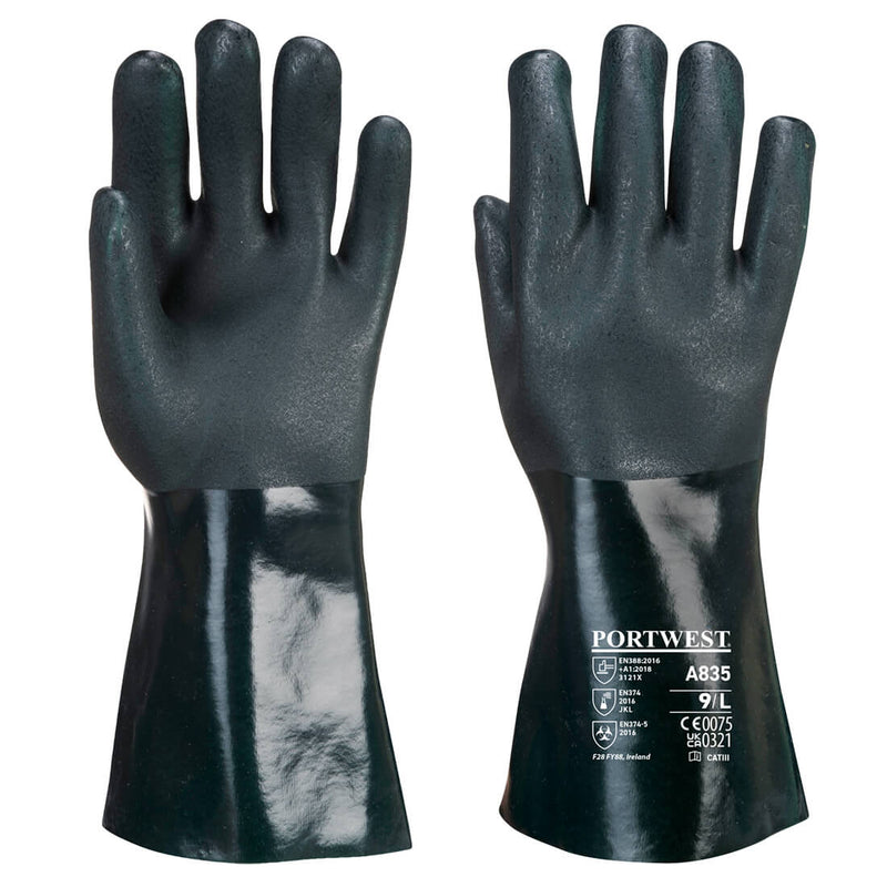 A pair of green, longer Portwest double-dipped PVC gauntlets.