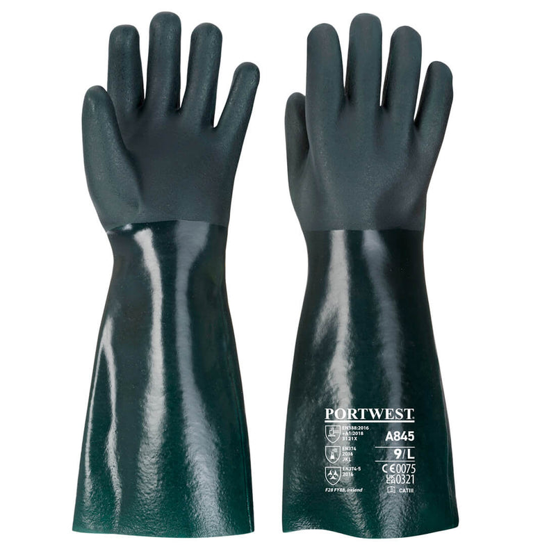A pair of green, extra-long Portwest double-dipped PVC gauntlets.
