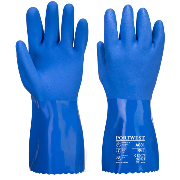 A pair of blue Portwest Marine Ultra PVC chemical gauntlets.