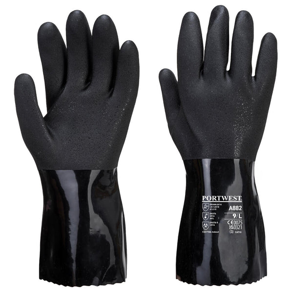 A pair of black Portwest ESD PVC chemical gauntlets.