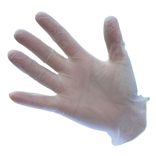 A pair of clear Portwest powdered vinyl disposable gloves.