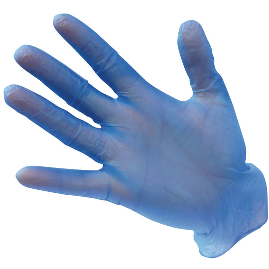 A pair of blue Portwest powder-free vinyl disposable gloves.