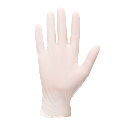 A pair of white Portwest powdered latex disposable gloves.