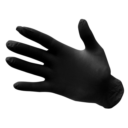 A pair of black Portwest powder-free nitrile disposable gloves.