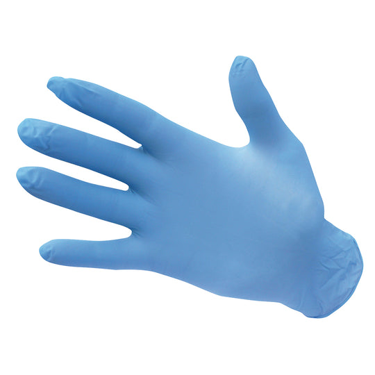 A pair of blue Portwest powder-free nitrile disposable gloves.