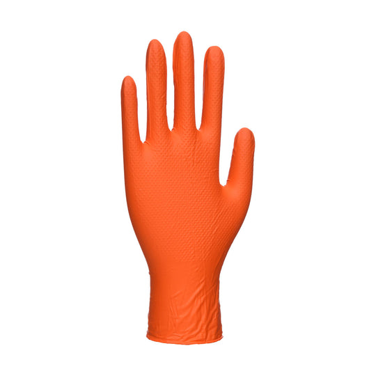 A pair of orange Portwest heavy-duty disposable gloves.