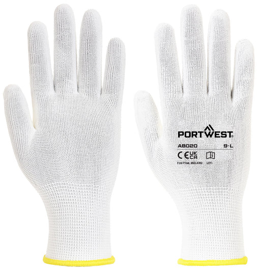 Portwest AB020 white seamless knit gloves with yellow cuff trim and printed size markings, size 9L