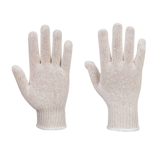 Portwest AB030 beige knitted cotton work gloves with seamless knit and printed size markings, size 9L