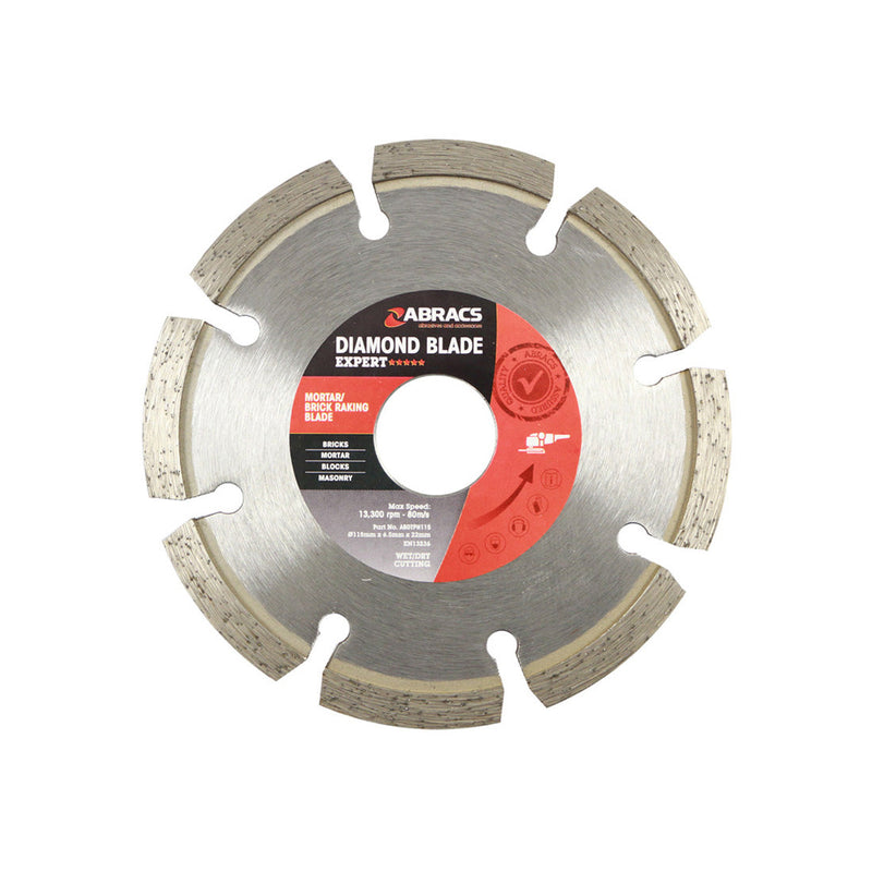 Abracs 115mm segmented diamond blade with yellow accents for mortar and brick raking.