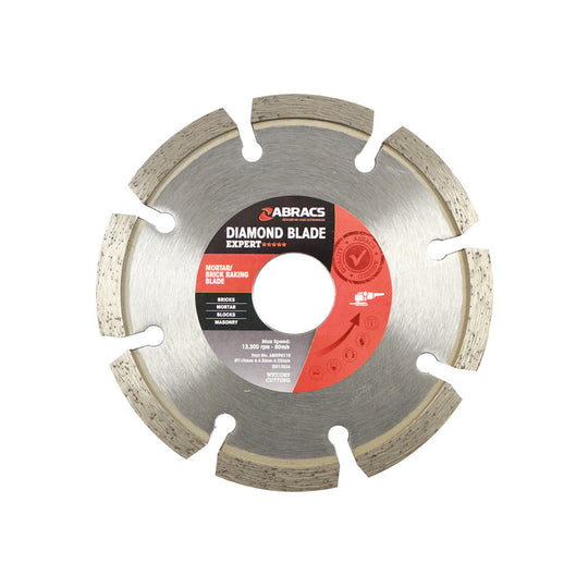 Abracs 115mm segmented diamond blade with yellow accents for mortar and brick raking.