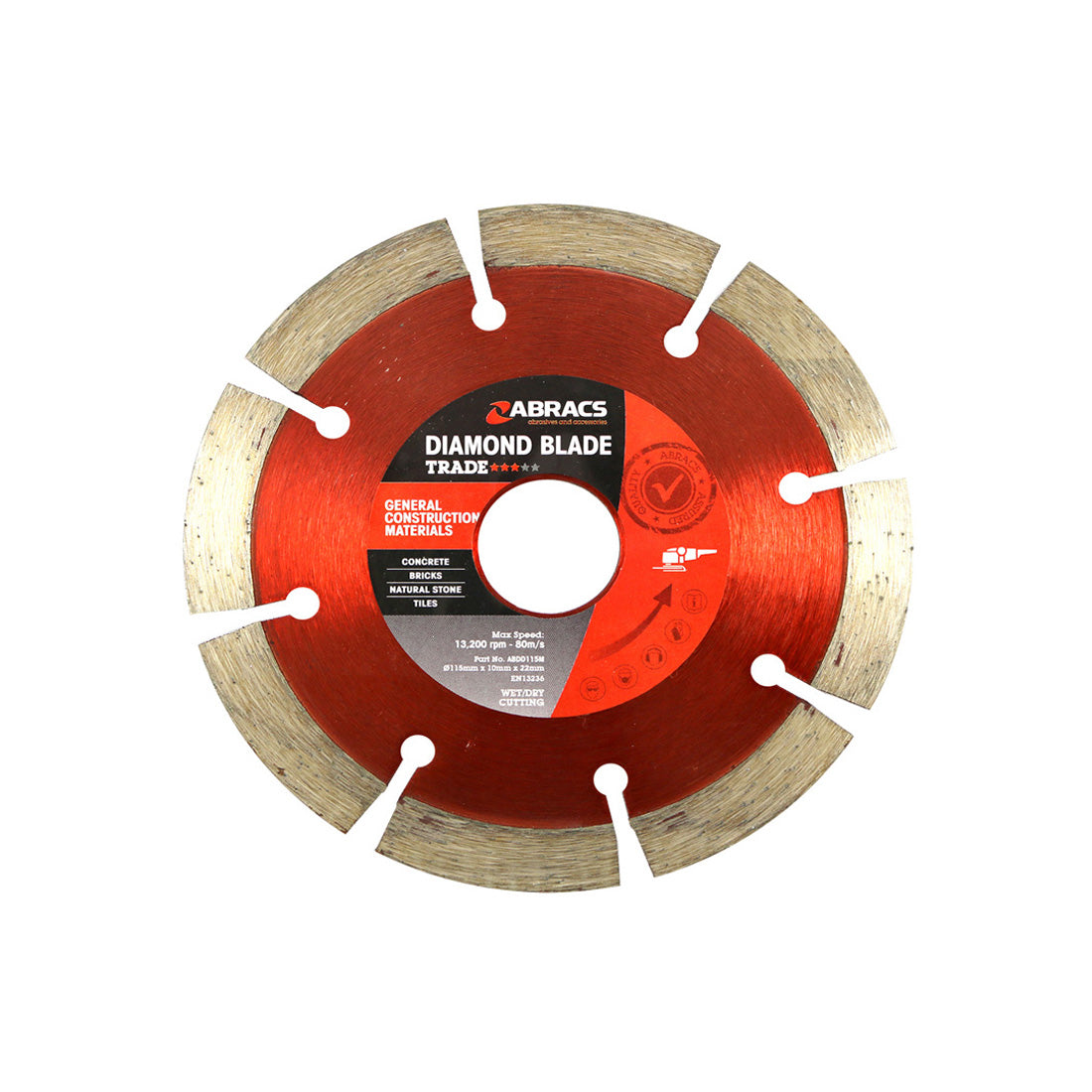 Abracs Trade 115mm segmented diamond blade for general construction material cutting.