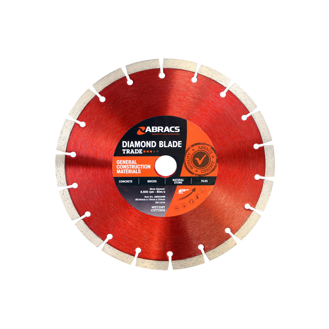 Large 230mm Abracs Trade series diamond blade for cutting construction materials.