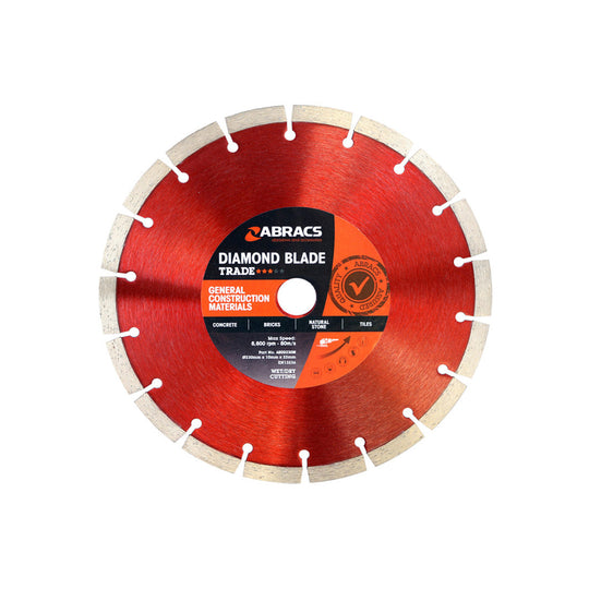 Large 230mm Abracs Trade series diamond blade for cutting construction materials.
