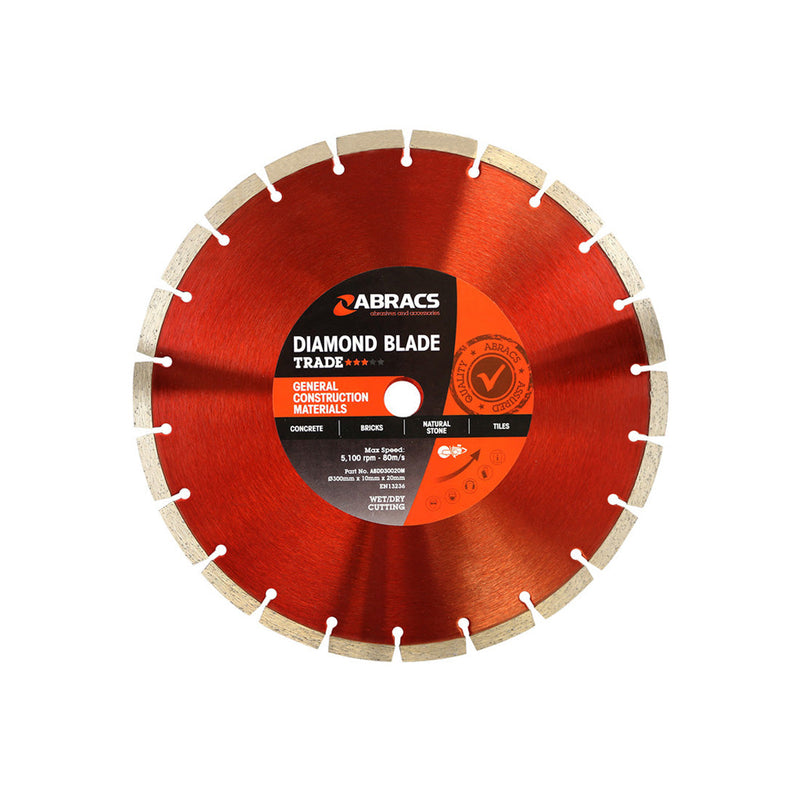 Heavy-duty 300mm Abracs Trade diamond blade for general purpose construction cutting.