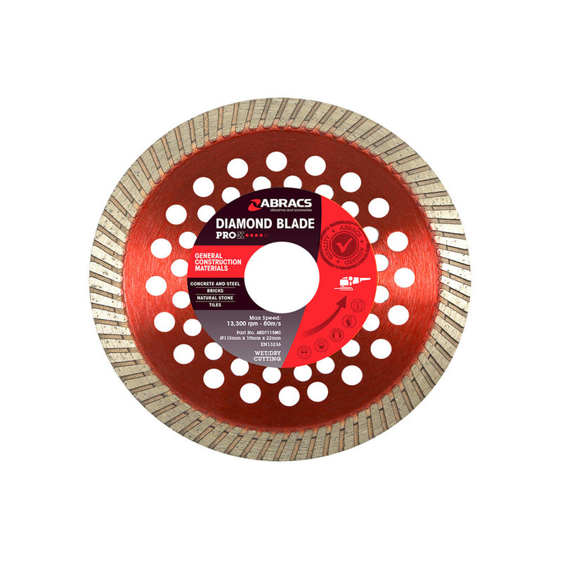 Abracs Pro 115mm segmented diamond blade in red for professional construction use.