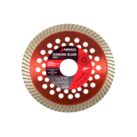 Abracs Pro 115mm segmented diamond blade in red for professional construction use.
