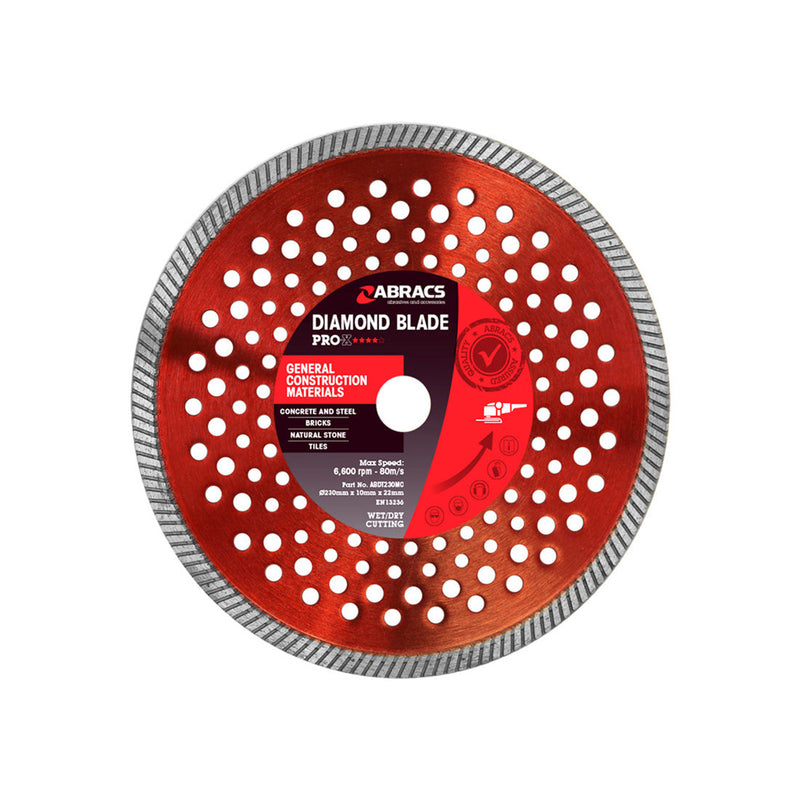 Red Abracs Pro 230mm diamond blade for high-performance cutting in construction.