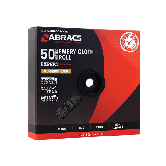 Abracs 50mm x 50m emery cloth roll in a fine 120 grit for pre-polishing work.