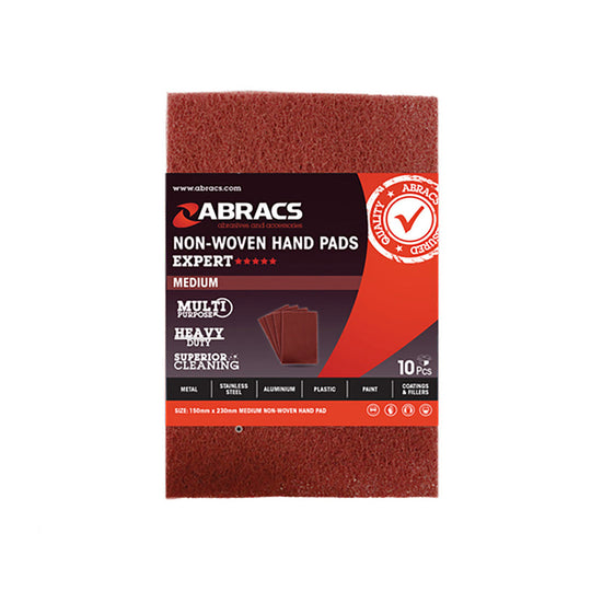 Maroon-colored medium grit non-woven hand pad by Abracs (150 x 230mm).