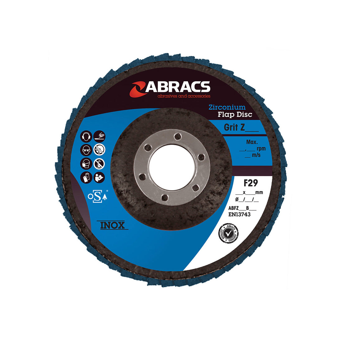 Blue 100mm zirconium flap disc from Abracs with a 40 grit rating for grinding.