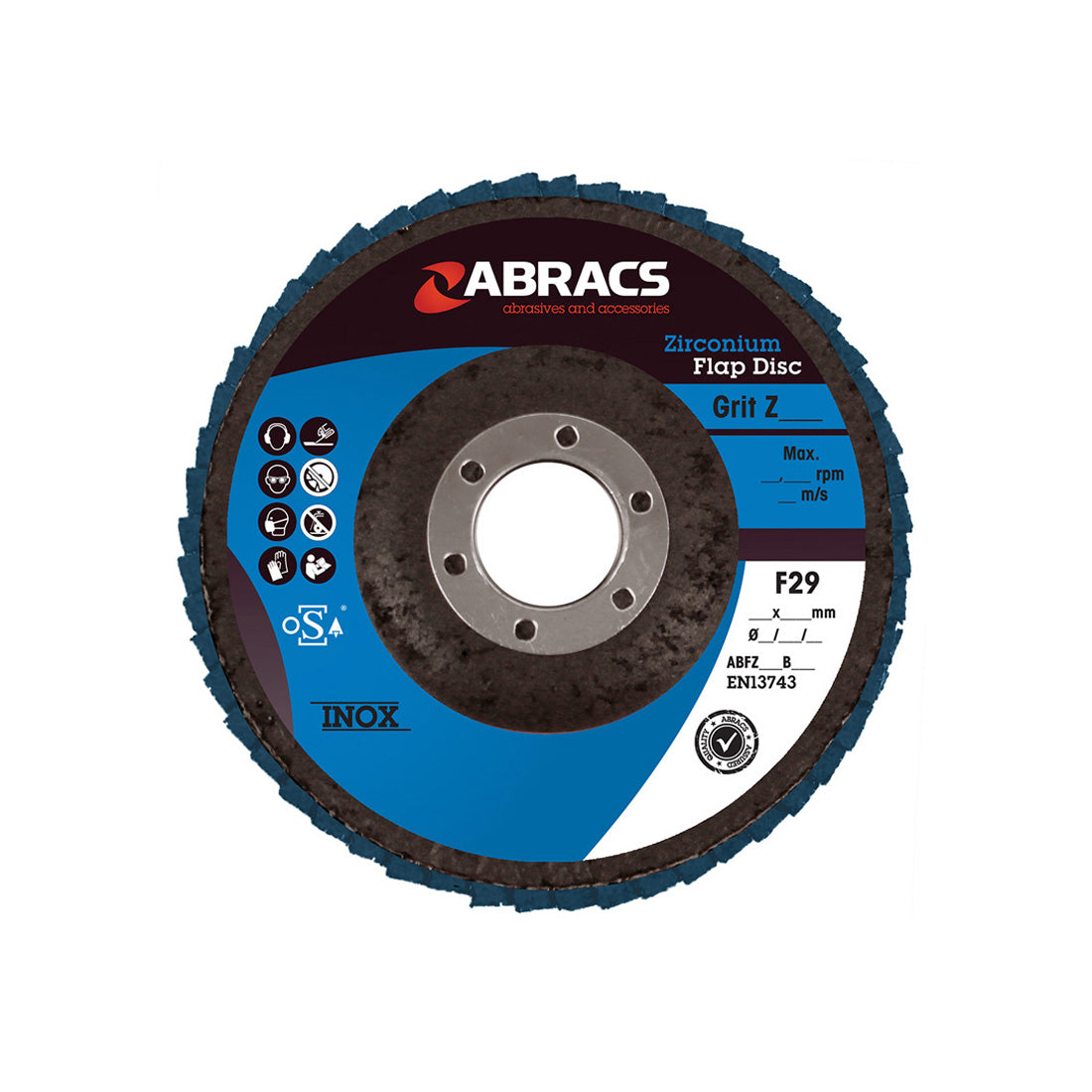 Blue 115mm zirconium flap disc by Abracs with a 60 grit rating for metalwork.