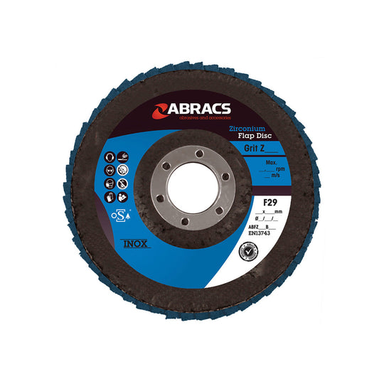 Large 180mm blue zirconium flap disc by Abracs with aggressive 40 grit flaps.