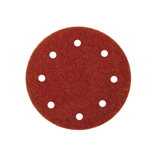 Angled view of an Abracs 125mm, 8-hole sanding disc showing its 120 grit texture.