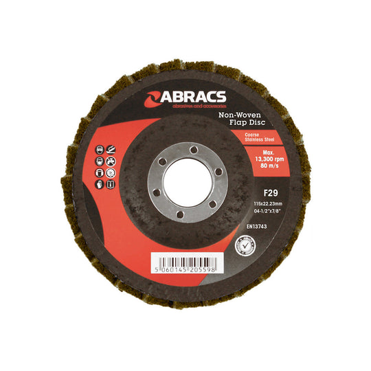 Abracs Polirico 115mm non-woven flap disc, coarse brown, for surface conditioning.