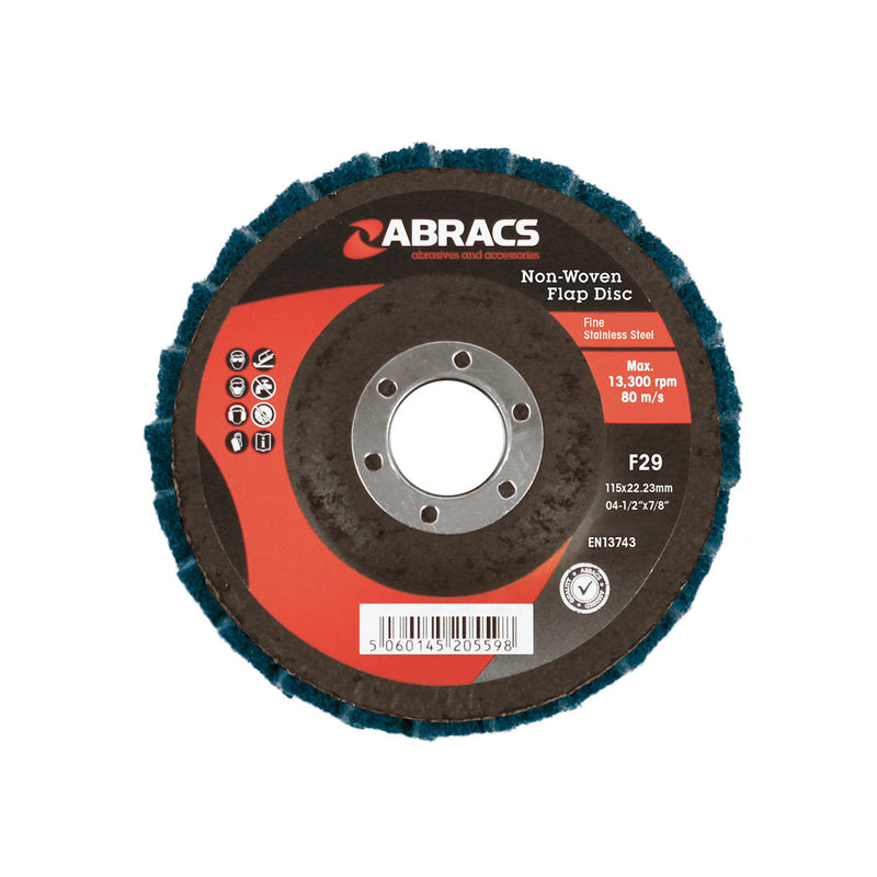 Fine green Abracs Polirico 115mm non-woven flap disc for polishing and finishing.