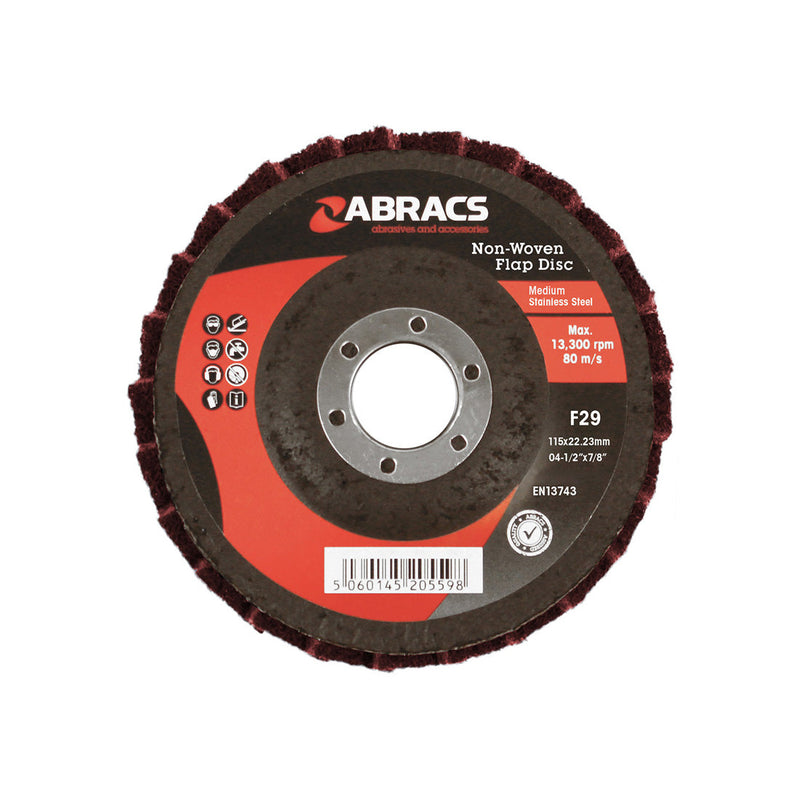 Medium maroon Abracs Polirico 115mm non-woven flap disc for cleaning and deburring.