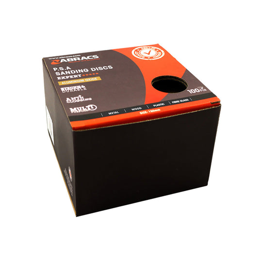 A 60 grit, 150mm pressure-sensitive adhesive (PSA) sanding disc from Abracs.