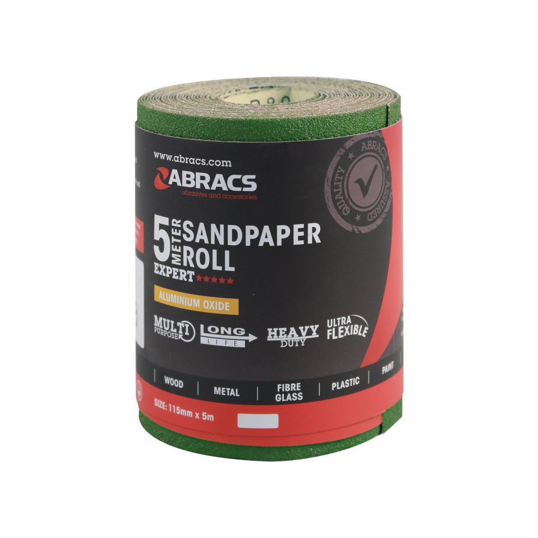 Green, durable 115mm x 5m sandpaper roll from Abracs with a 60 grit surface.