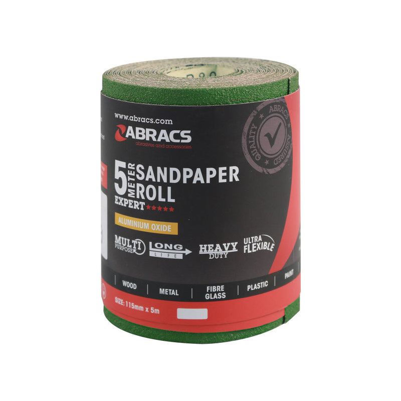 80-grit green film-backed sandpaper roll (115mm x 5m) from Abracs.
