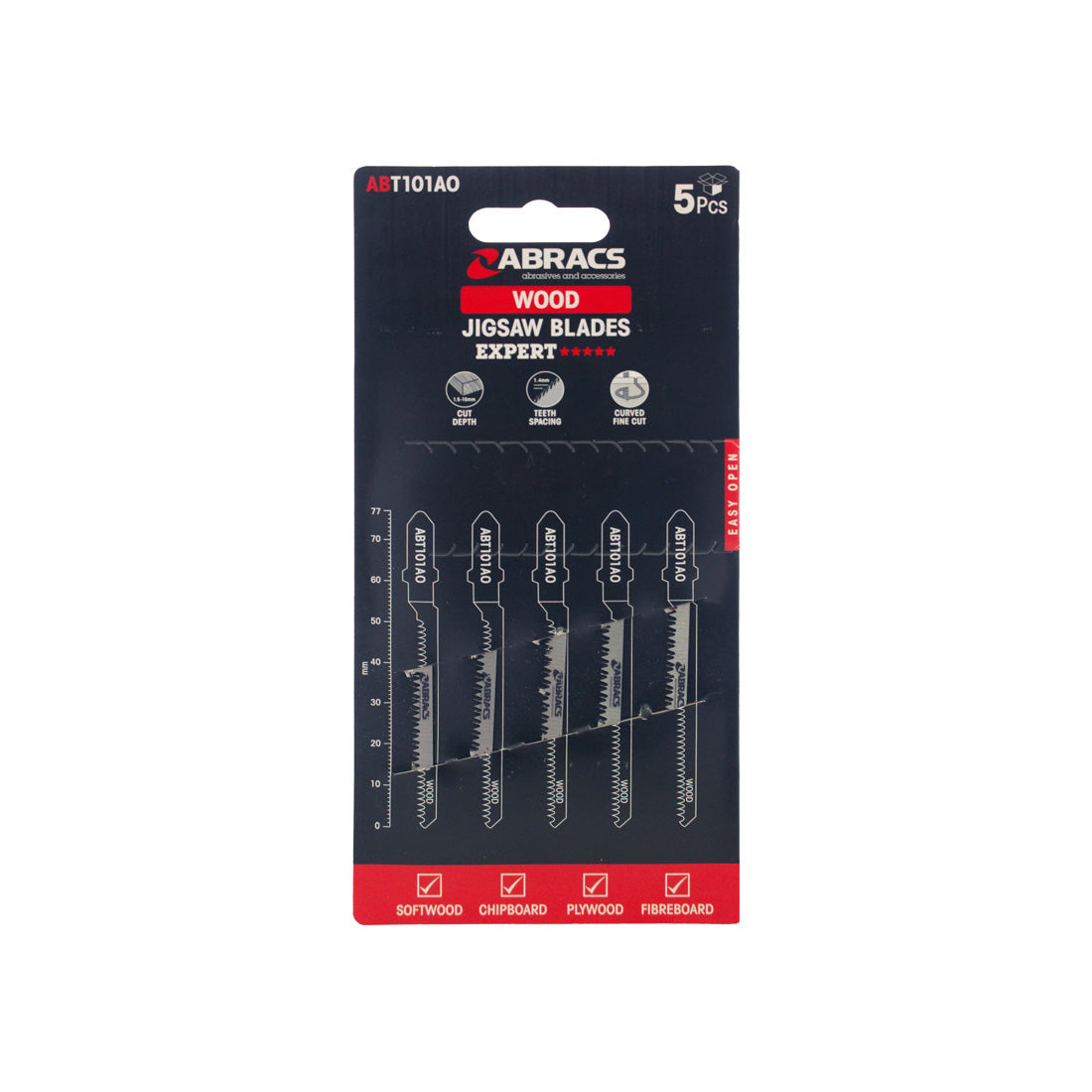 Abracs 5-piece jigsaw blade set with 14mm teeth for clean cuts in wood.