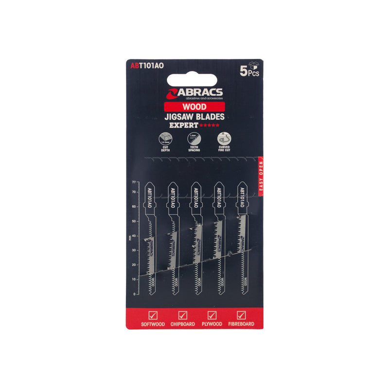 Abracs 5-piece jigsaw blade set with 14mm teeth for clean cuts in wood.