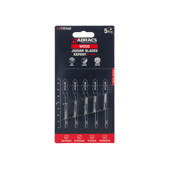 Abracs 5-piece jigsaw blade set with 14mm teeth for clean cuts in wood.