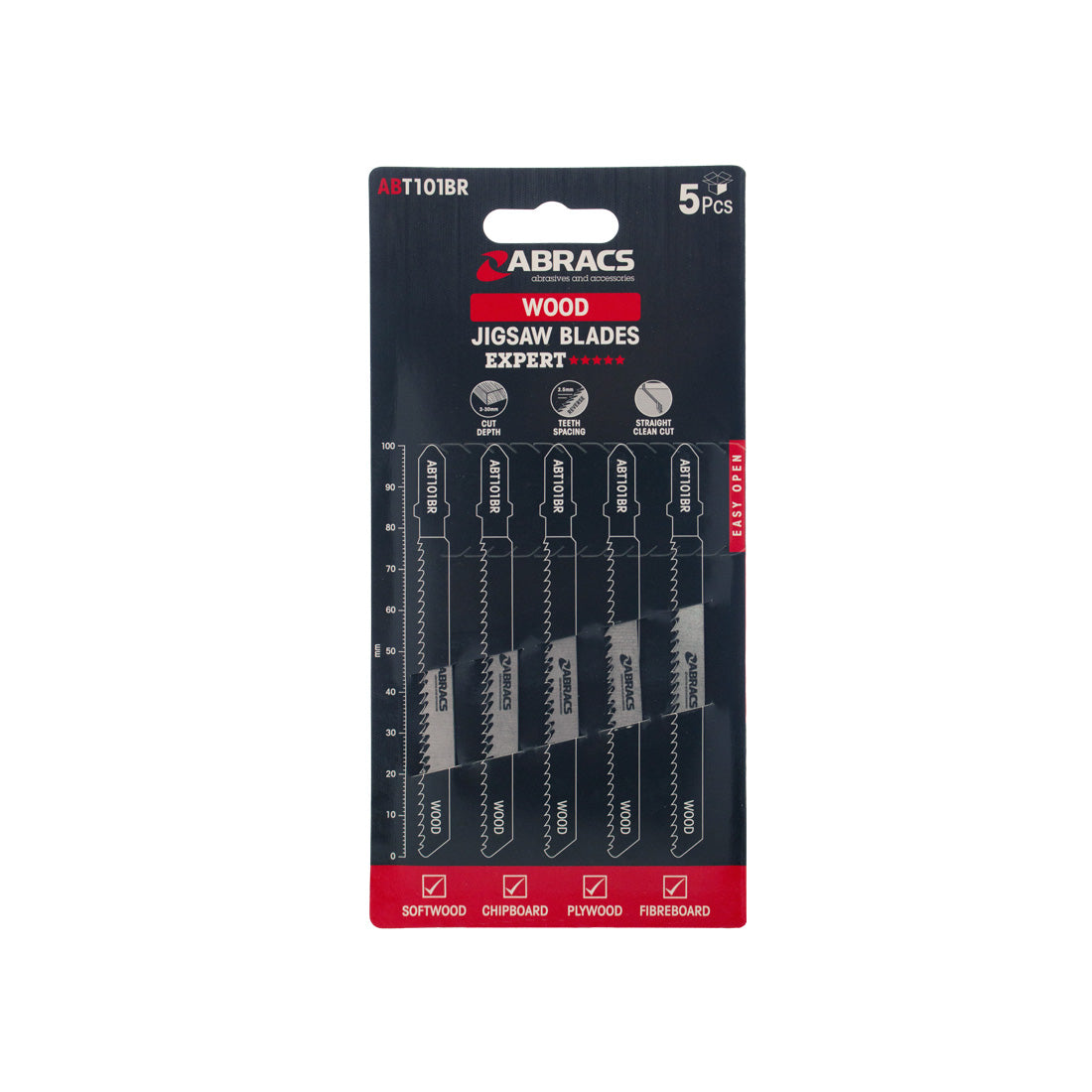 Abracs 5-piece jigsaw blade pack with 25mm teeth for reverse cuts in clean wood.