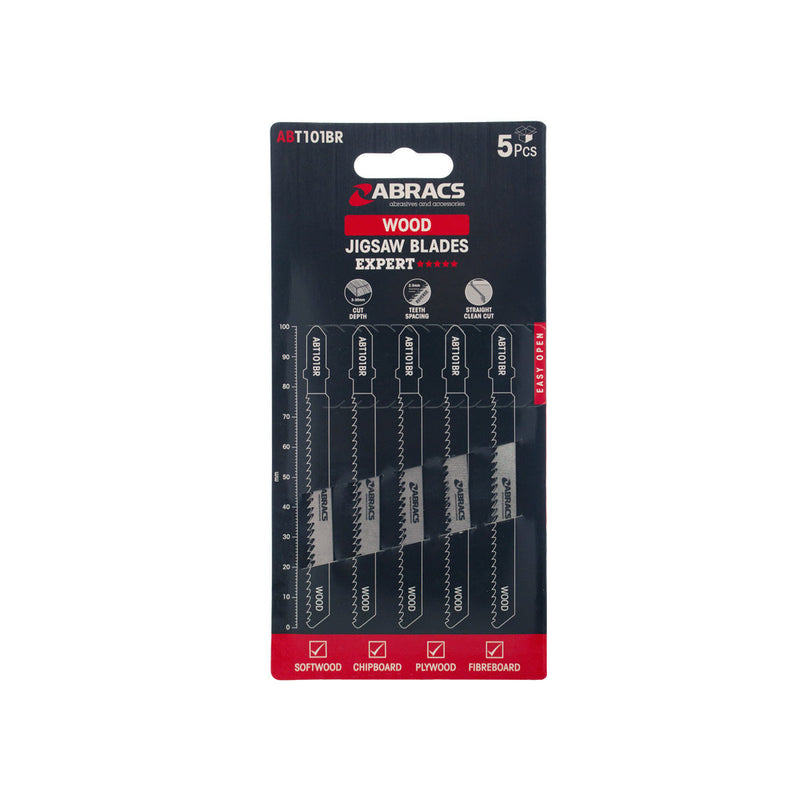 Abracs 5-piece jigsaw blade pack with 25mm teeth for reverse cuts in clean wood.