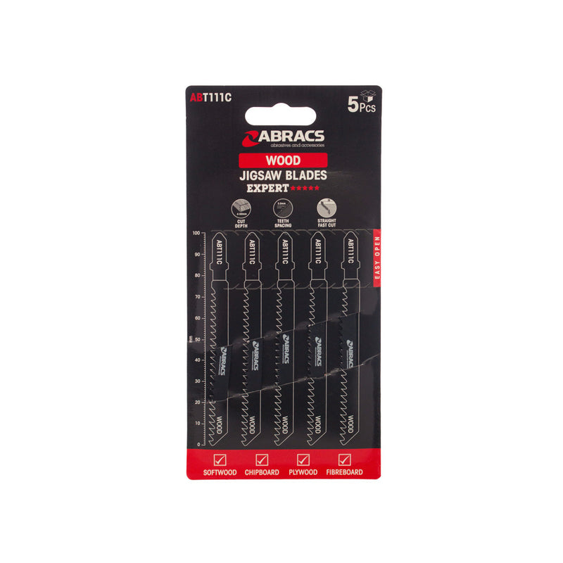 Pack of 5 Abracs jigsaw blades with 30mm teeth for standard cuts in wood.